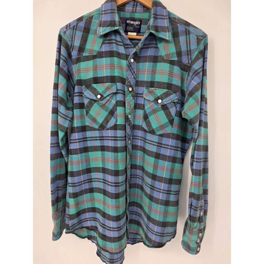 Men's Vintage 90's Wrangler Pearl Snap Flannel Size 16 1/2 X 37 X-Long Tails